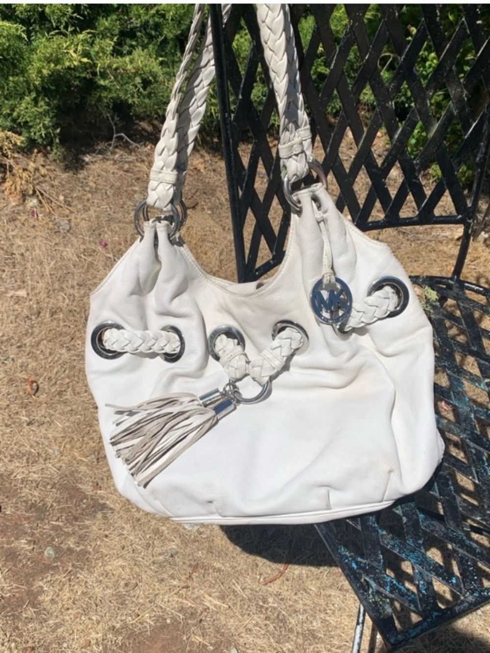 Michael Kors White Braided Leather Shoulder Bag with Tassels